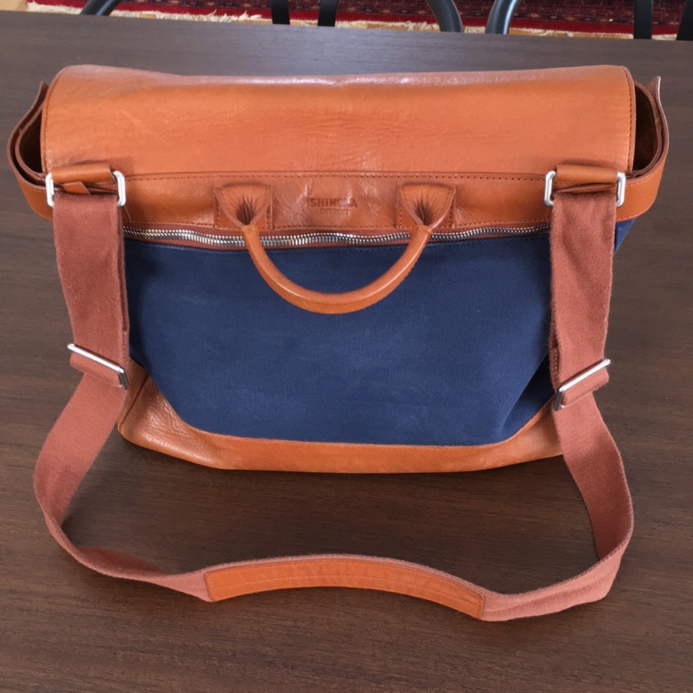 Shinola leather and canvas messenger bag